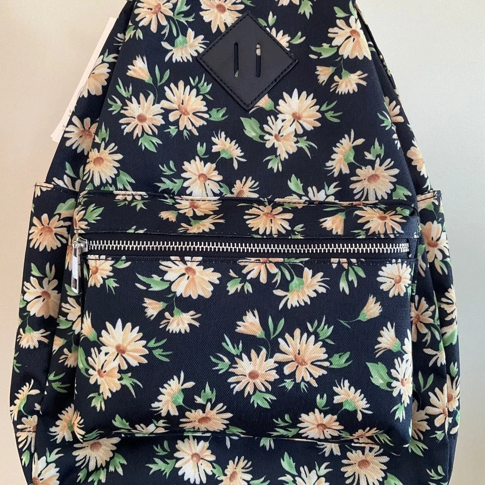 No Boundaries Floral Daisy Backpack Black Recycled Canvas School‎ Travel Bag NWT